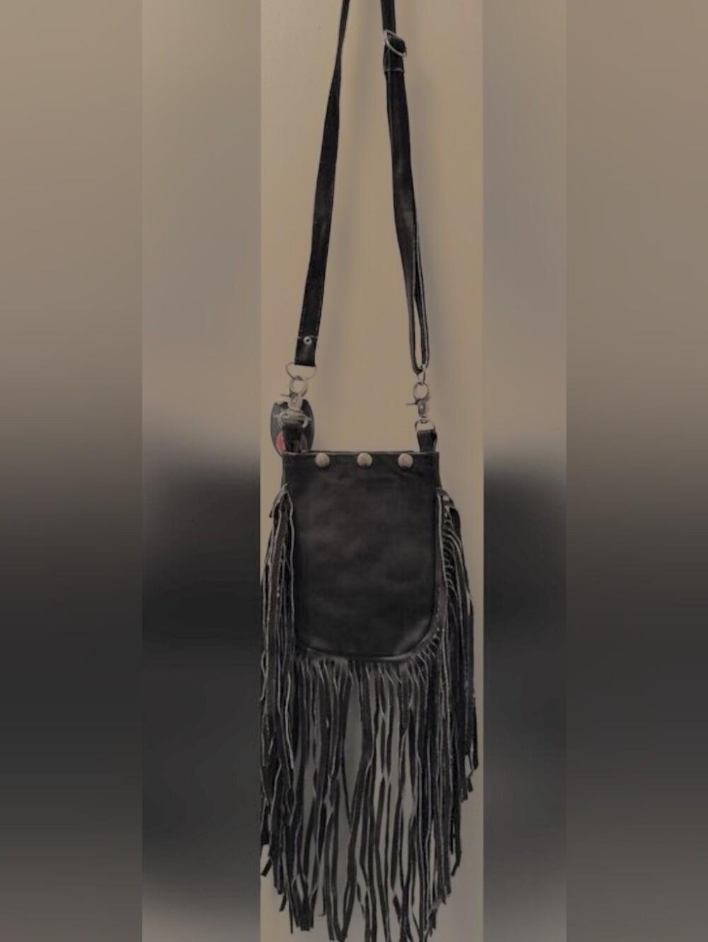 Black Fringe Crossbody with Triple Snap Closure